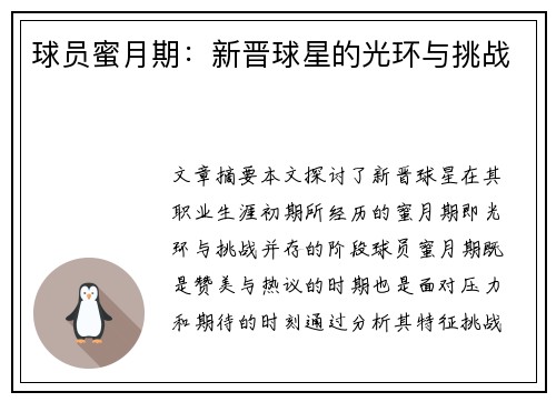 球员蜜月期：新晋球星的光环与挑战
